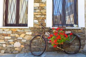 una bicicletta parcheggiata accanto a un muro di pietra con un cesto di fiori di B&B Il Folletto del Lago a Stresa