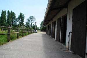 un trottoir vide à côté d'un bâtiment avec clôture dans l'établissement Ecurie de la Grange l'Abbé, à Le Langon