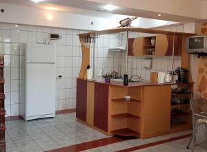 a kitchen with a white refrigerator in a room at Casa Beatrice in Eşelniţa