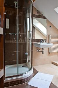 een badkamer met een douche en een wastafel bij Hotel & Restauracja Timberland in Orzesze