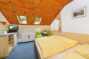 a bedroom with two beds and a desk with a television at Pension Karolína in Špindlerův Mlýn +46 photos