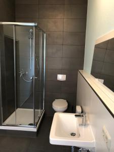 a bathroom with a shower and a sink and a toilet at Downtown City - PrivateRooms in Fürth +31 photos