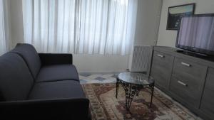 - un salon avec un canapé, une télévision et une table dans l'établissement Entre Pyrenees Et Atlantique, à Oloron-Sainte-Marie