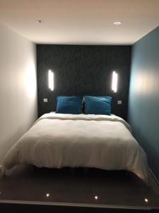 - une chambre avec un grand lit et 2 oreillers bleus dans l'établissement Les pièces du puzzle, à Dunkerque