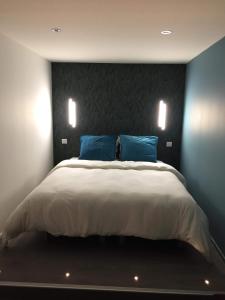 a bedroom with a large bed with two blue pillows at Les pièces du puzzle in Dunkerque