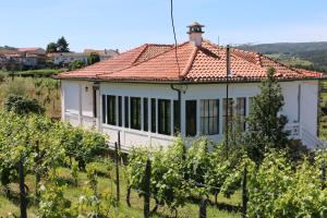 a white house with a red roof in a vineyard at Solar dos Avós in Sabrosa