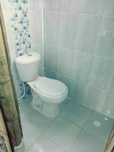 a bathroom with a white toilet in a shower at Glamping Due Amici in Palomino