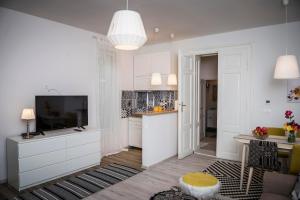 ein Wohnzimmer mit einem TV und einer Küche in der Unterkunft Reghin Guest House in Reghin