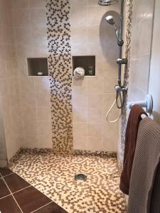 a shower with a glass door in a bathroom at La Laiterie du Logis in Chaniers