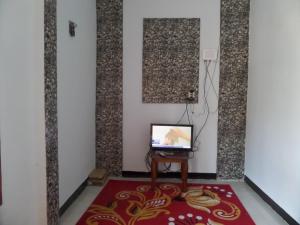 einen TV auf einem Tisch in einem Zimmer mit einem Teppich in der Unterkunft Agung Safira Homestay in Bromo