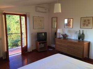 Schlafzimmer mit einem Bett, einem TV und einem Fenster in der Unterkunft Argentella House in Palombara Sabina