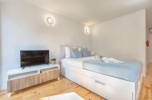 1 dormitorio blanco con 1 cama y TV de pantalla plana en Downtown Porto Flat, en Oporto