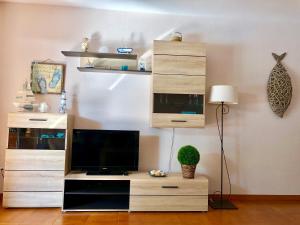 a living room with a tv in a wooden entertainment center at Musclera in Arenys de Mar