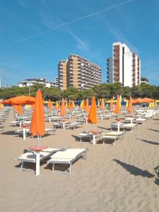 a bunch of chairs and umbrellas on a beach at Cristallo Residence in Lignano Sabbiadoro