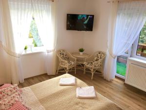 a bedroom with a table and chairs and a television at Olimpijska pokoje in Szczyrk