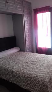 a bedroom with a bed with a window and a bedspread at 15 C/MUGA-A EMPURIABRAVA in Empuriabrava