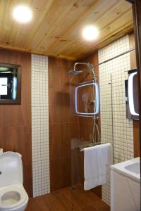 a bathroom with a shower with a toilet and a sink at Dream house in Leshten