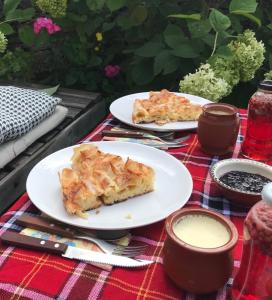 dwa talerze jedzenia na stole piknikowym w obiekcie Dream house w mieście Leshten