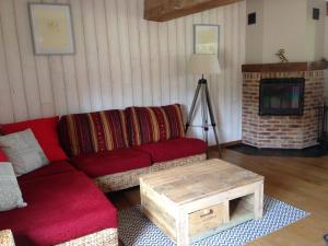 ein Wohnzimmer mit einem roten Sofa und einem Kamin in der Unterkunft gîte du bien être in Hodeng-Hodenger
