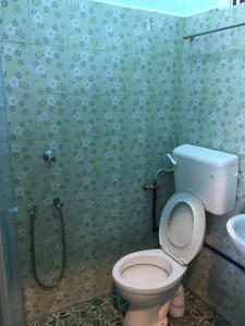 a bathroom with a shower with a toilet and a sink at Rose Inn Motel in Kuah