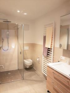 a bathroom with a shower and a toilet and a sink at Schweinsteghof Urlaub auf dem Bauernhof in Sarntal