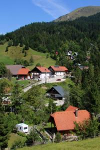 ein kleines Dorf auf einem Hügel mit Häusern und Bäumen in der Unterkunft Penzion Pr' Betel in Jesenice