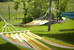 twee hangmatten in een tuin met groen gras bij Ferienhof "Schoppa-Haisl" in Sonnen