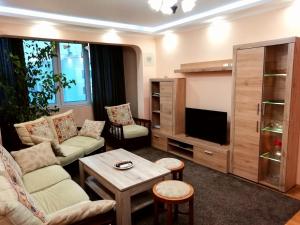 uma sala de estar com um sofá e uma televisão em Apartment Durvenitza em Sófia