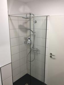 cabina de ducha con puerta de cristal y cabezal de ducha en Zimmervermietung Hofmeister, en Heilbad Heiligenstadt