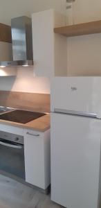 a kitchen with white cabinets and a refrigerator at Camelia in Premeno