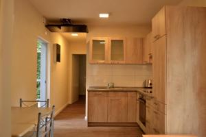 a kitchen with wooden cabinets and a counter top at Ferienparadies Mühlenbach in Soltau