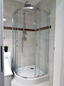 um chuveiro com uma porta de vidro na casa de banho em Sleep4you, Zielona Góra em Zielona Góra