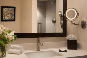 La salle de bains est pourvue d'un lavabo et d'un miroir. dans l'établissement The Lakefront Anchorage, à Anchorage