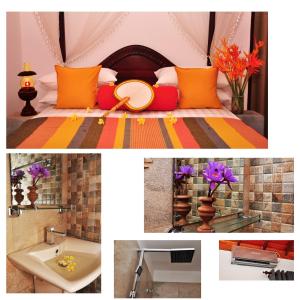 eine Collage mit Bildern eines Bettes mit bunten Kissen in der Unterkunft Villa Aroshina with cooking class in Galle