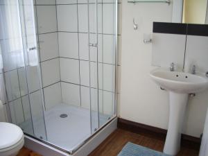 a bathroom with a shower and a toilet and a sink at Dee's BnB in Pretoria