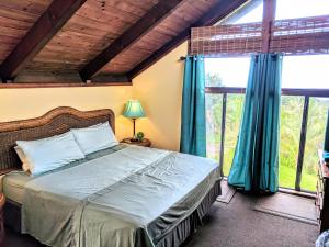 a bedroom with a bed with blue curtains and windows at Hamakua Guesthouse in Pepeekeo