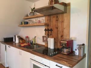 a kitchen counter with a sink and a microwave at Haus Toquard in Wittmund