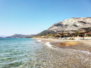 a beach with umbrellas and chairs and the ocean at Villa Aggeliki in Marathokampos