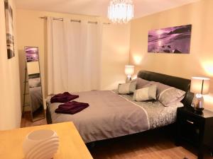 - une chambre avec un lit et un lustre dans l'établissement Azim and Suzi's city centre apartment Inverness, à Inverness