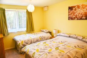 two beds in a room with yellow walls at Little Lulworth in Bordon