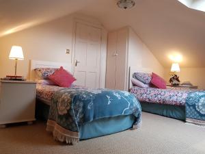 1 dormitorio con 2 camas y 2 lámparas en Grove Cottage at The Lodge, en Tullow