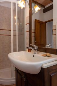 bagno con lavandino bianco e doccia di Casa Vignolo a Montalcino