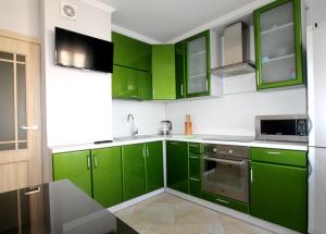 クラスノゴルスクにあるMyakinino Apartmentの緑のキャビネットとシンク付きの緑豊かなキッチン