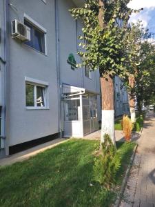 ein Gebäude mit einem Baum davor in der Unterkunft Avtokomanda in Skopje