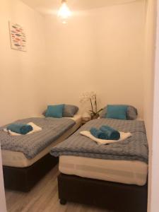 2 letti in una camera con cuscini blu sopra di Dubrovnik Summer Industry Apartment a Dubrovnik