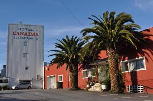 two palm trees in a parking lot next to a hotel at Hotel Canaima Bruma 1,5 k Camino in O Mesón Do Vento 