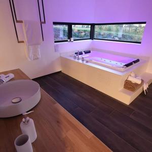a large bathroom with a tub with purple lighting at Oduo Nature in Jalhay