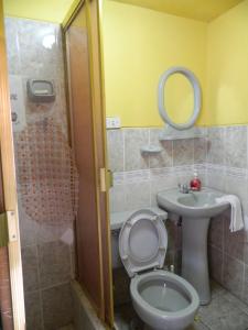 ein Badezimmer mit einem WC, einem Waschbecken und einem Spiegel in der Unterkunft Wichana Wasi in Cusco