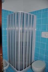 サン・テオドーロにあるCase Vacanza Cala Paradisoの青いタイル張りのバスルーム(トイレ、シャワー付)