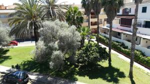 an aerial view of a parking lot with palm trees and a car at Apartamento La Figuereta, Isla Cristina in Isla Cristina